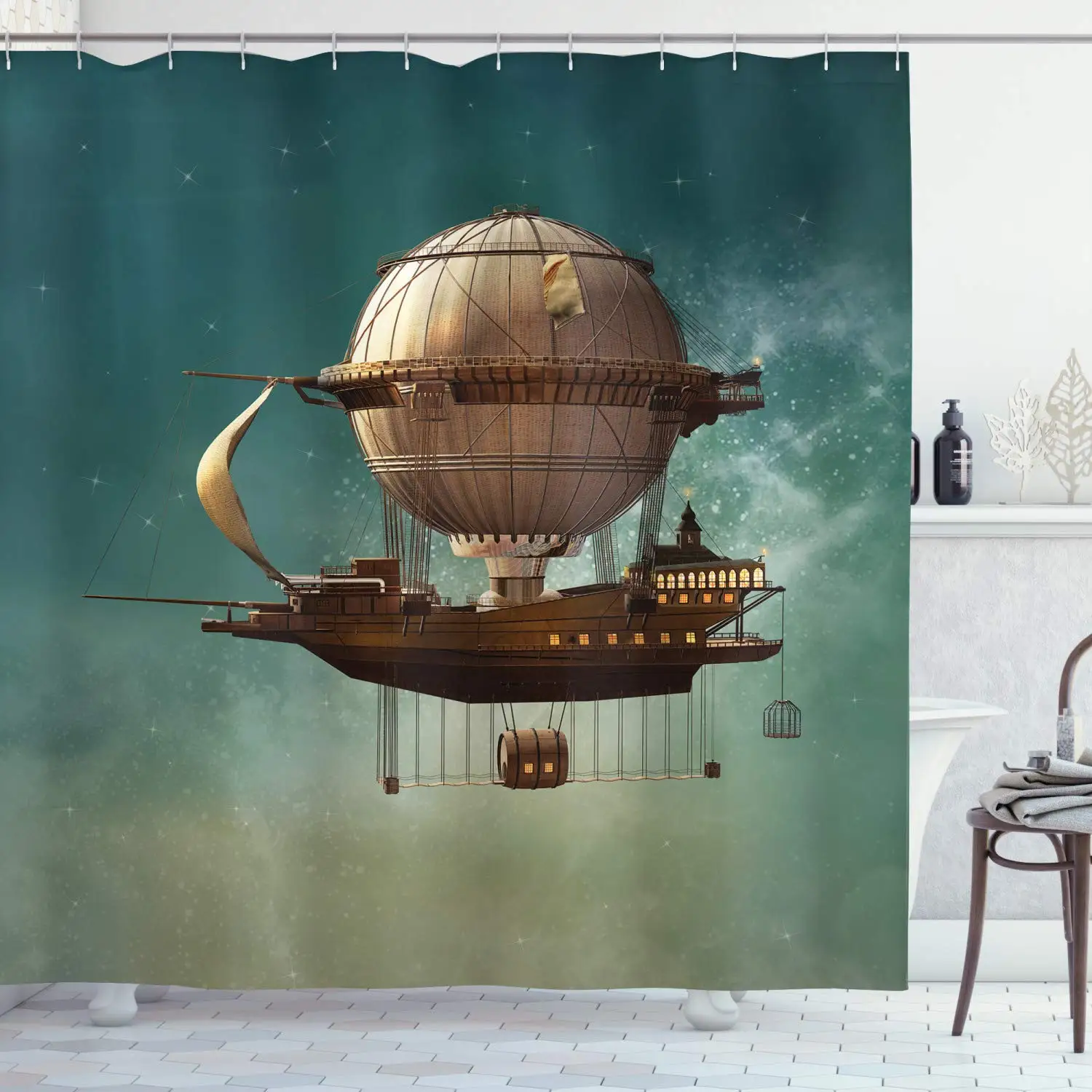 

Fantasy Shower Curtain Surreal Sky Scenery Steampunk Airship Sci Fi Stardust Space Image Bathroom Decor Set with Hook Home Decor