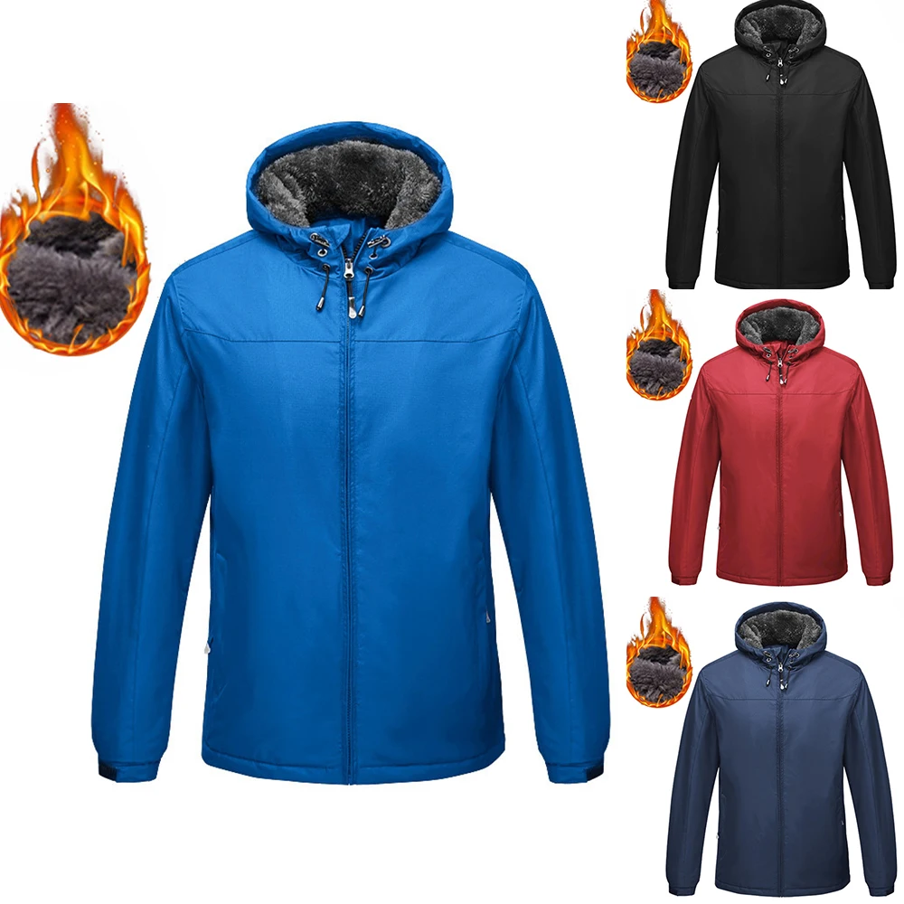 

European American Winter Warm Men Jacket Thick Fleece Hooded Fur Lined Coat Parka Windproof Outwear Winter Comfy Casual Jackets
