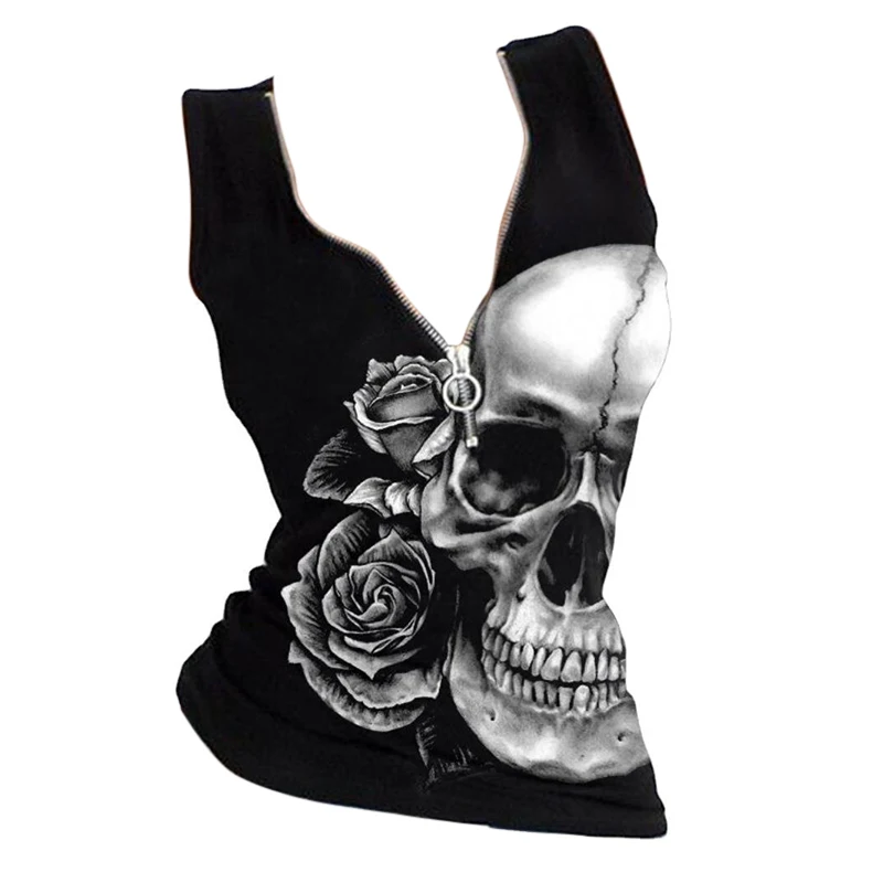 

Женские топы с принтом черепа на молнии с коротким рукавом с принтом вышивка Тонкий V-образный вырез новый стиль