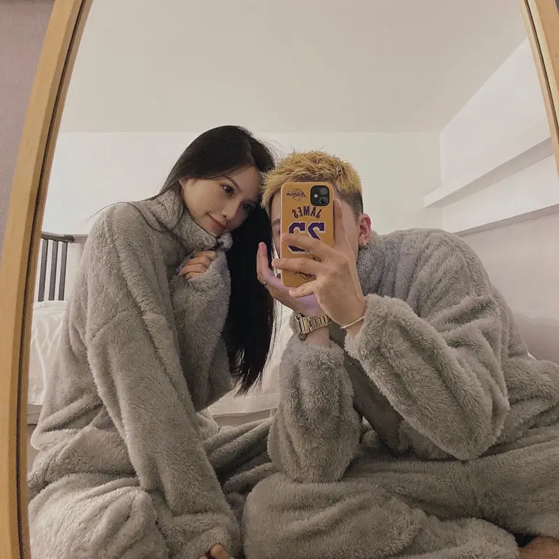 QWEEK Women Winter Pajamas Set Thick Warm Flannel Pijamas Turtleneck Black Gray Solid Color Zipper Pyjamas Couples Homewear Cute