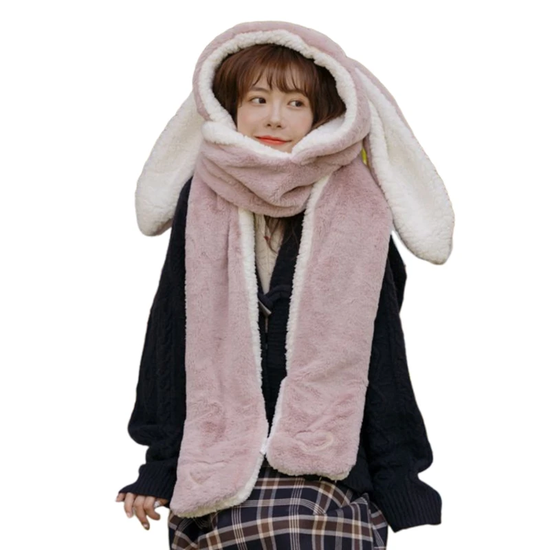 

Kawaii Rabbit Ear Hat Faux Rabbit Fur Multi-functional Super Soft Scarf with Pockets Hat Scarf Gloves Girl Windproof