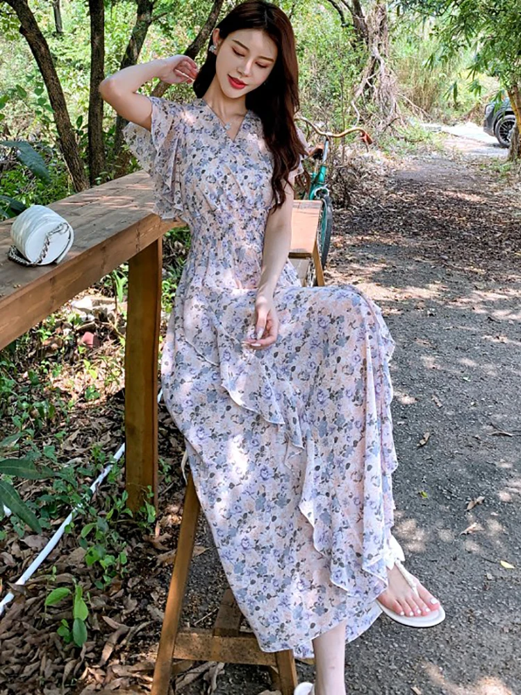 Женское шифоновое платье с оборками повседневное Длинное Элегантное в стиле