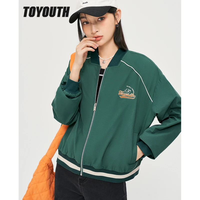 

Toyouth Women Baseball Jackets Uniform 2022 Autumn Long Sleeve Loose Coats Bear Embroidery Jacket Elegant Vintage Outwear