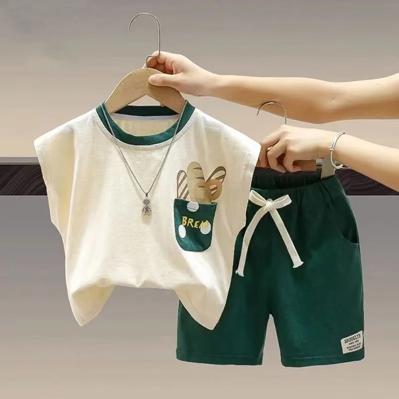 

Boys Short Sleeved Summer 2023 New Childrens Summer Sleeveless Tank Top Set Foreign Style Baby Two Piece Set Kids Outfits