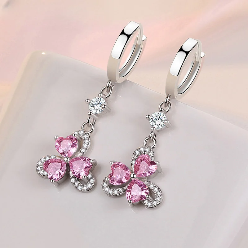 

Zircon Earrings for Women's Wedding Gifts Fashion Jewelry 925 Sterling Silver Butterfly Clover AAA Blue/Pink/White