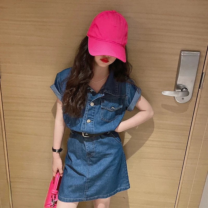 

Girl's Denim Dress 2023 Summer Thin Waist Solid Color Casual Dresses Fashion Short Sleeve Teens Kids Costume Children Clothing