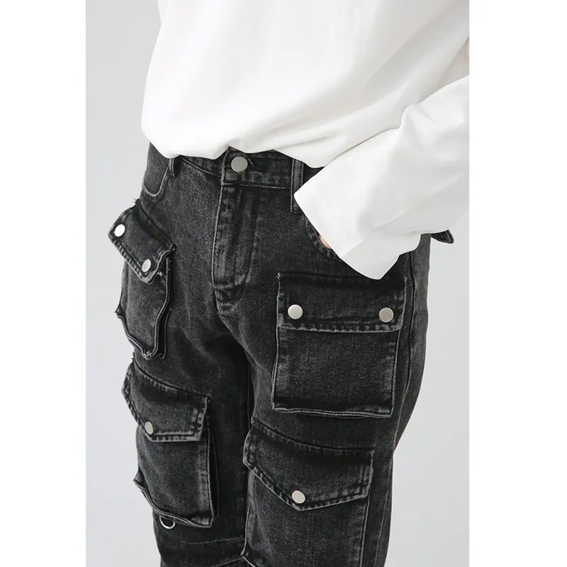 Streetwear Men 2022 New Pattern Recreational  Straight Cylinder  Black Jeans Multiple Pockets Loose  Cargo Pants Autumn Female