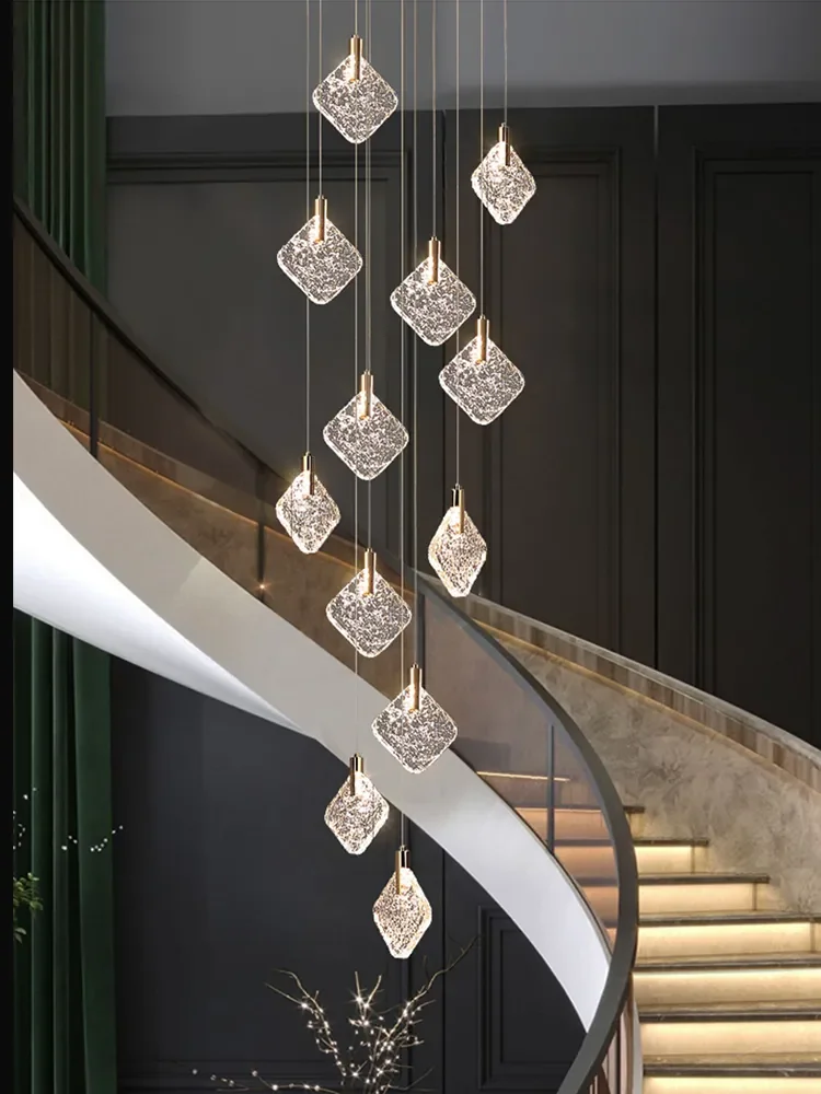 

Modern Block Crystal Stair Chandelier Living Room Lighting Fixtures Indoor Luxury Design LED Pendant Lamp Duplex Loft Chandelier