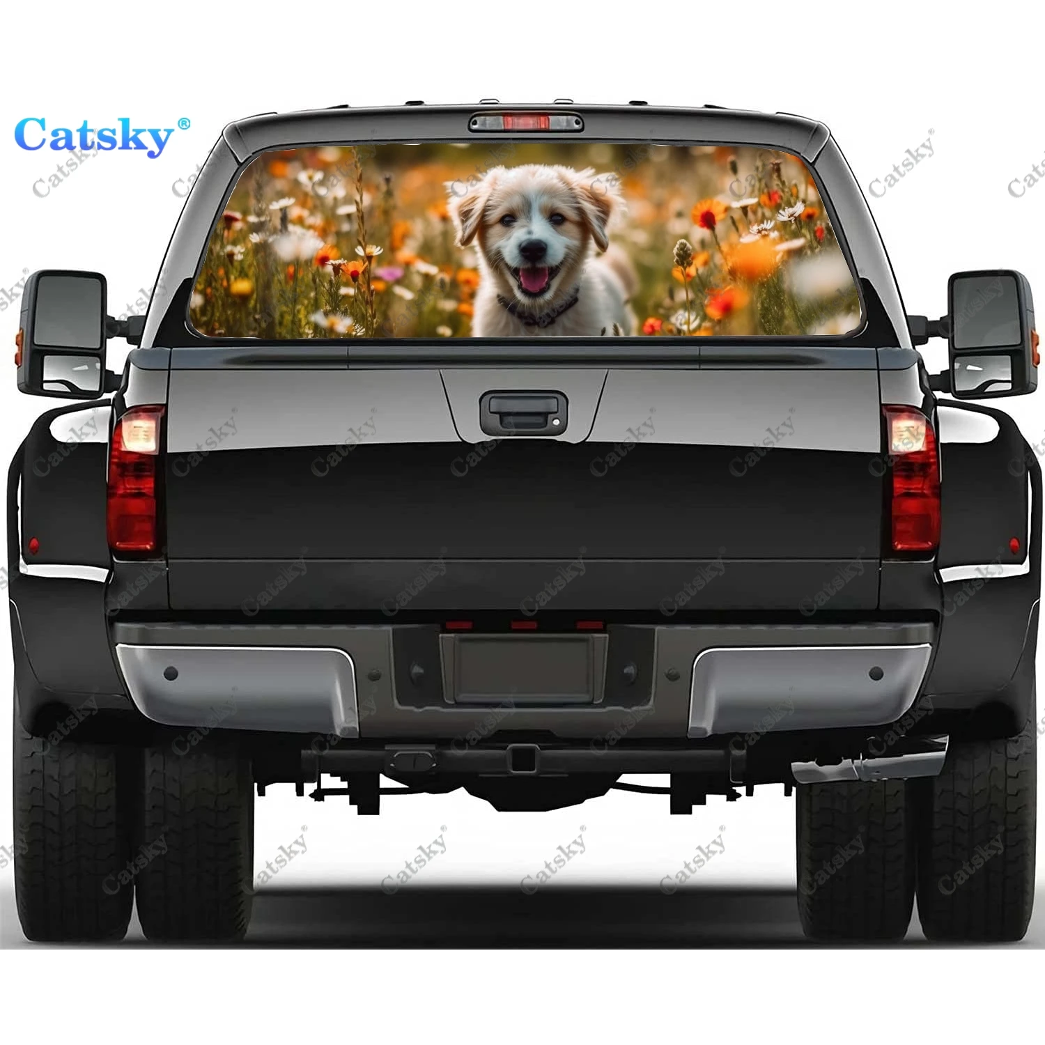 Наклейка на заднее стекло с изображением собаки и цветочного луга подходит для