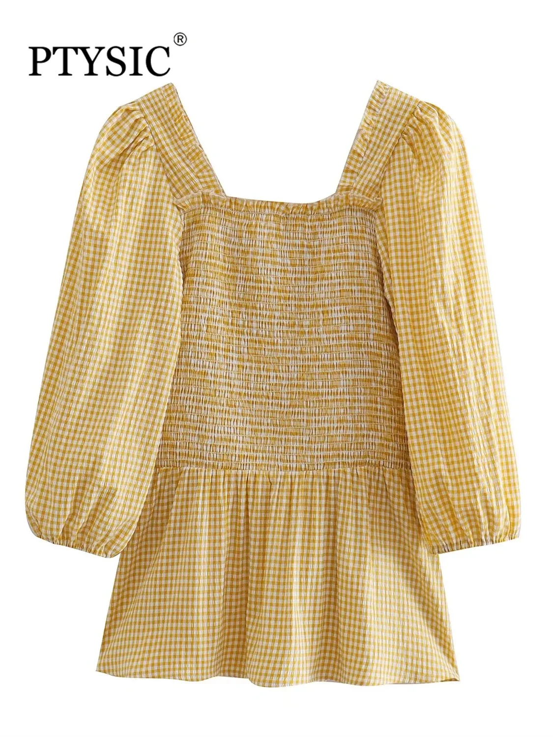

PTYSIC Women Stylish With Plaid Three Quarter Puff Sleeve Mini Dress 2022 Summer Shirring Square Collar Prairie Chic Vestidos