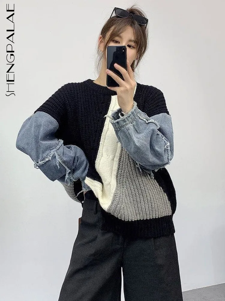 

SHENGPAIAE Асимметричная кромка плотная вязка серый джинсовый прошитый свитер с длинным рукавом Женский пуловер осень зима 2022 Новинка