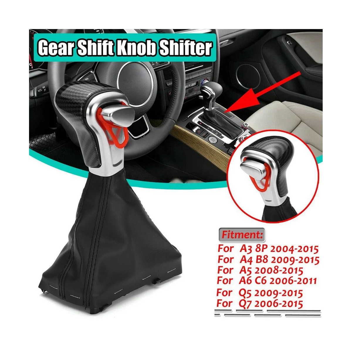 

Inner Shifter Shift Knob Shifter Head with Tie Downs Protective Cover Car for AUDI A3 A4 A6 C6 Q7 Q5 2009-2012