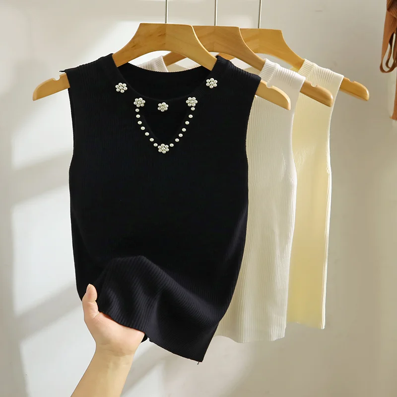 

Summer Knitted Ice Silk Vest Blouse Women 2023 Solid Beaded Cut Out Sleeveless Shirts Women Casual Office Lady Tank Tops 27226