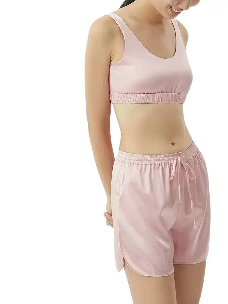 Winslter 6A 93% натуральный шелк черный бюстгальтер спортивные шорты пижамный комплект
