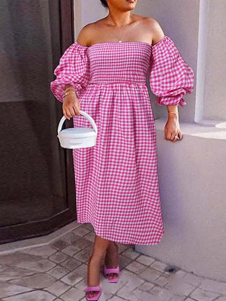 

VONDA летнее Сексуальное женское платье с открытыми плечами 2022 модное богемное клетчатое винтажное вечернее длинное платье праздничное плат...