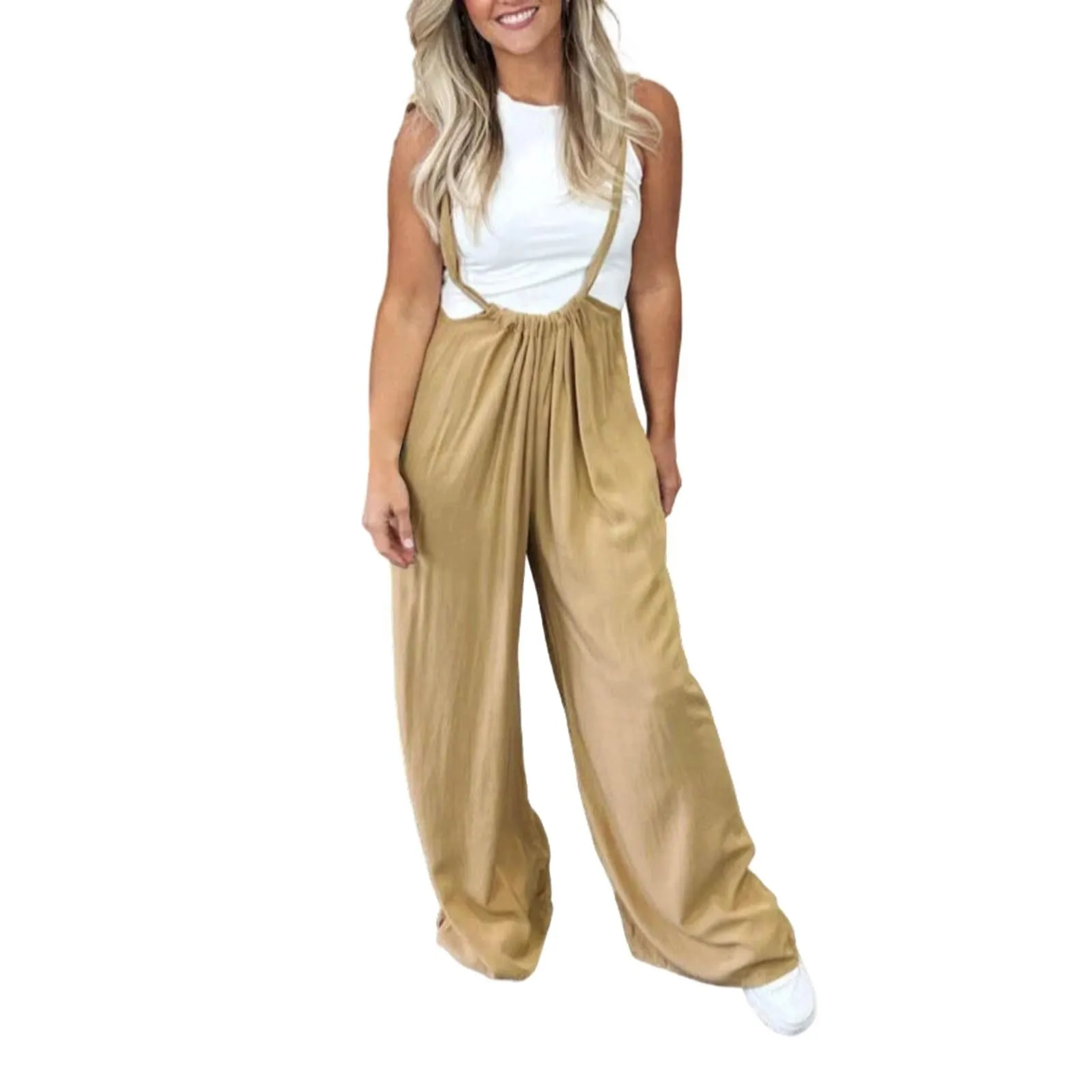 

Women's Casual Sports Home Solid Color Loose Suspenders Pants Sweat Pants with Pockets