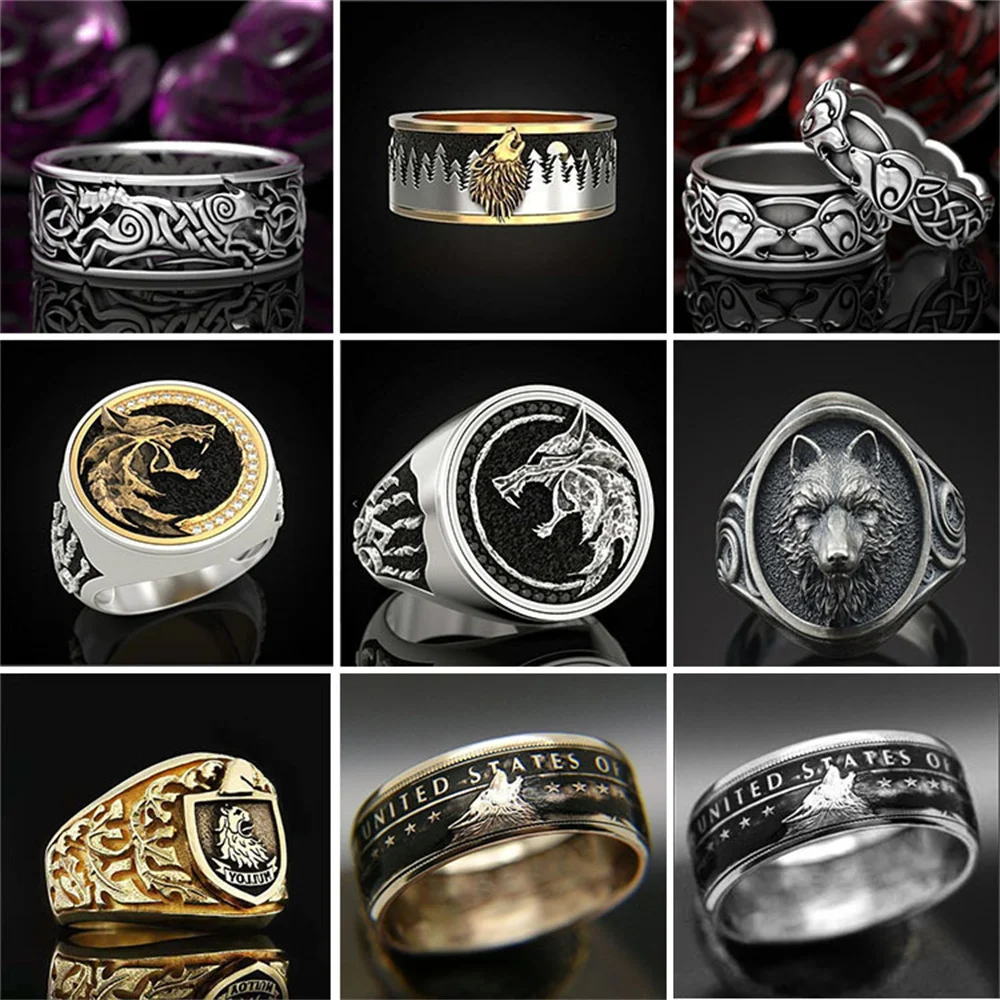 

1pcs Huitan Viking Nordic Mythology Giant Wolf Men Ring Defense Totem Wolf Fashion Hip Hop Rock Unisex Finger Ring Punk Gift