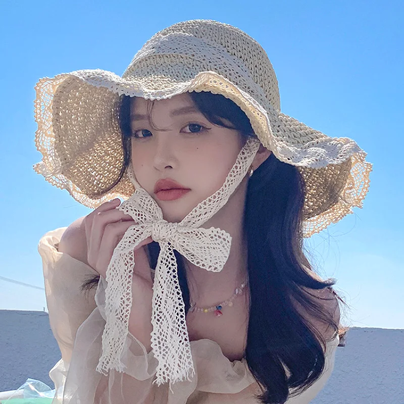 

Women Straw Hat Lace Ribbon Foldable Summer Beach Cap UV Protection Sun Hat Large Brim Bucket Hat Sunscreen Holiday Beach