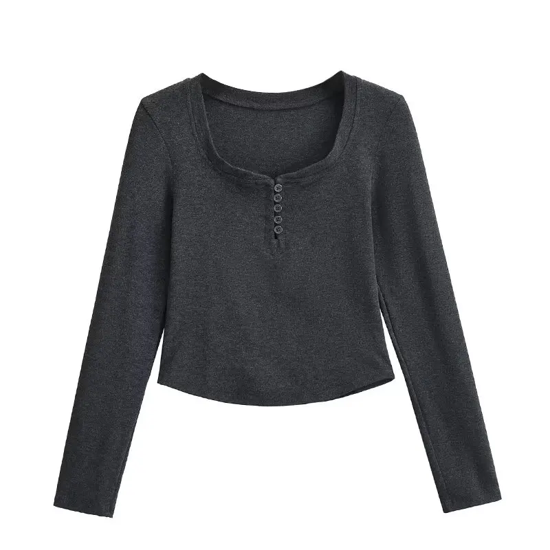 Кроп-Топ женский с длинным рукавом на пуговицах черного цвета