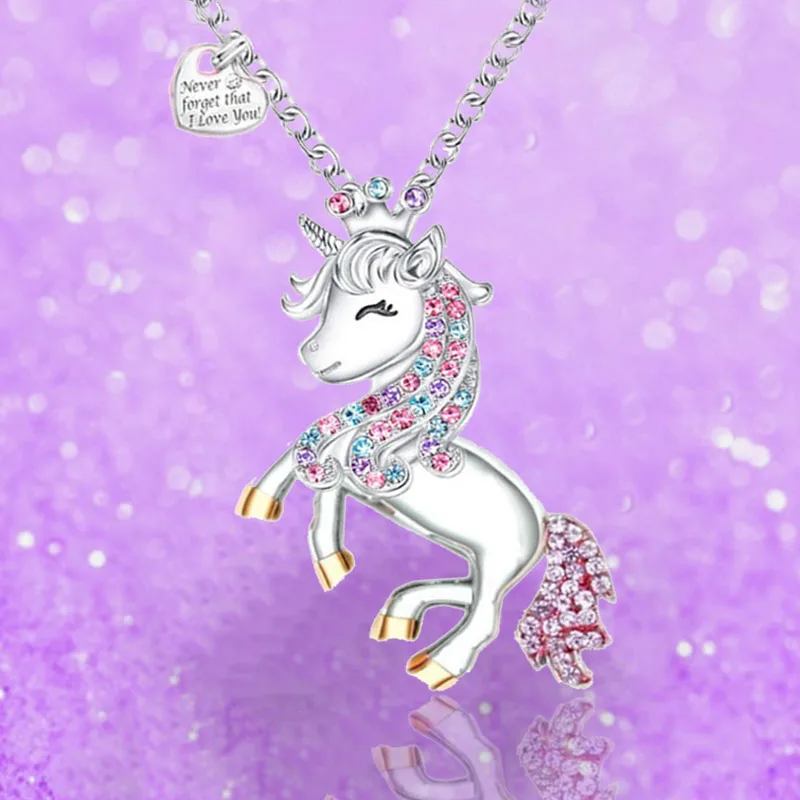 цепочка на шею женская Ожерелье с единорогом, модное цветное милое детское ожерелье с кристаллами, мультяшное животное, ювелирные изделия, ...