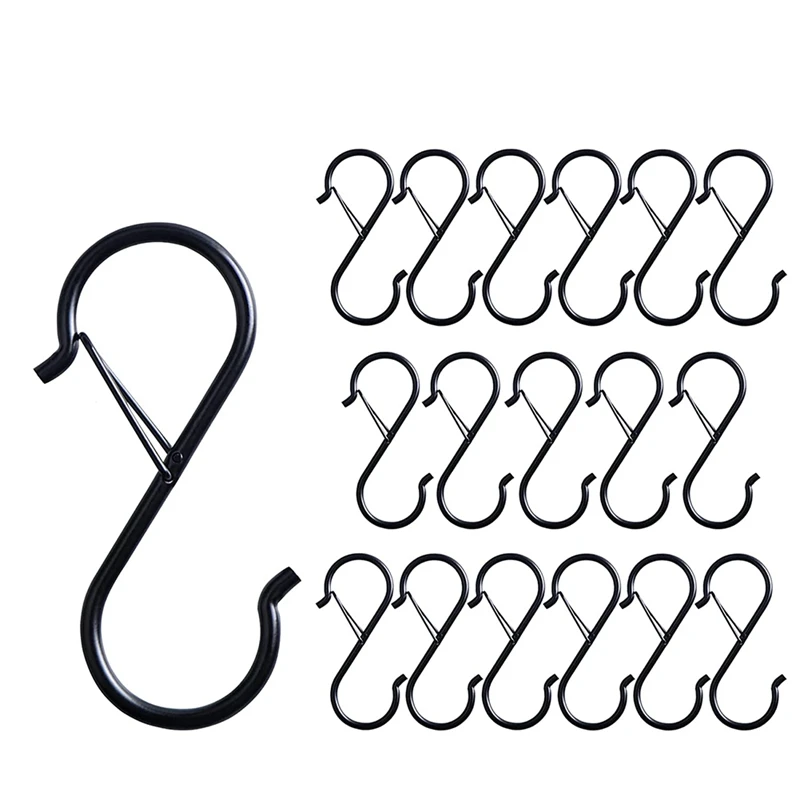 

Black S Hooks for Hanging, Heavy Duty S Hooks with Safety Buckle Design, Plants Hooks, Lights Hooks, Shelf with Hooks