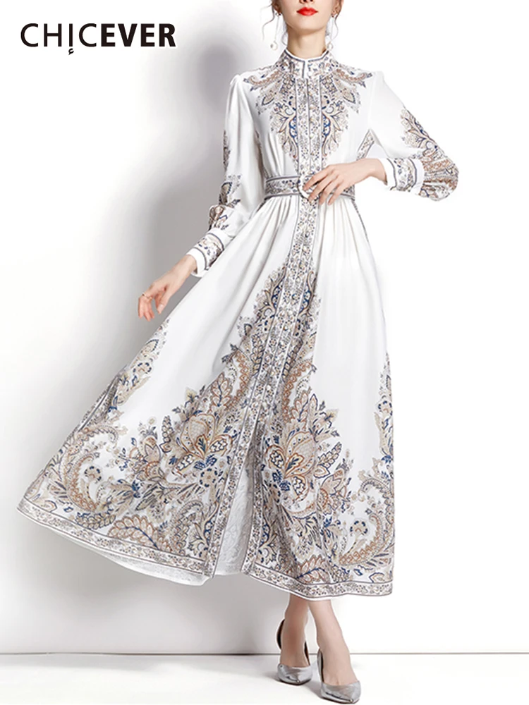 

CHICEVER Hit Color Vintage Dresses For Women Stand Collar Lantern Sleeve High Waist Printing Folds Slim Dress Summer New 2022