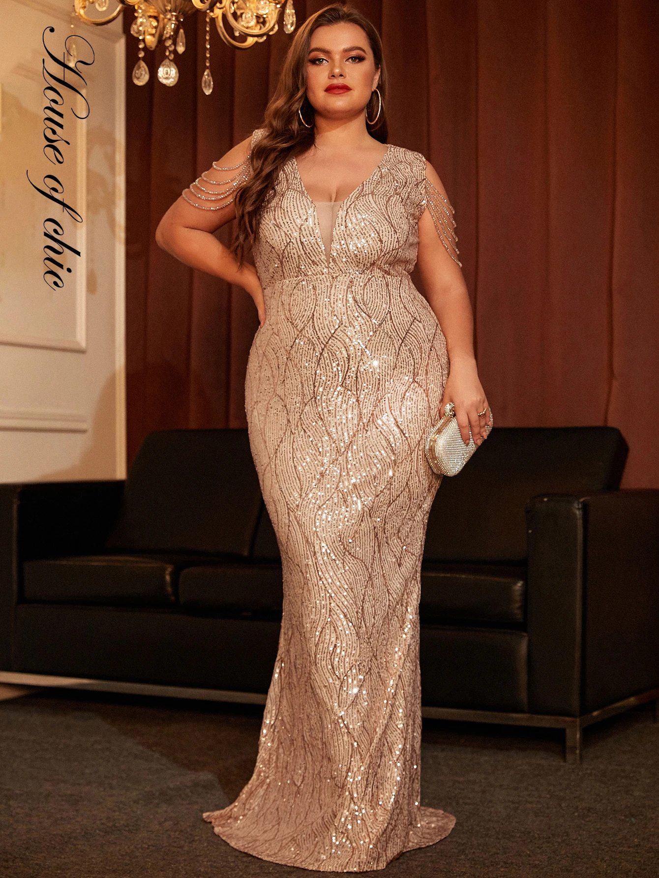 

HOUSE OF CHIC Женское сексуальное облегающее платье-макси с золотыми блестками и глубоким V-образным вырезом без рукавов, модель LM84239PLUS