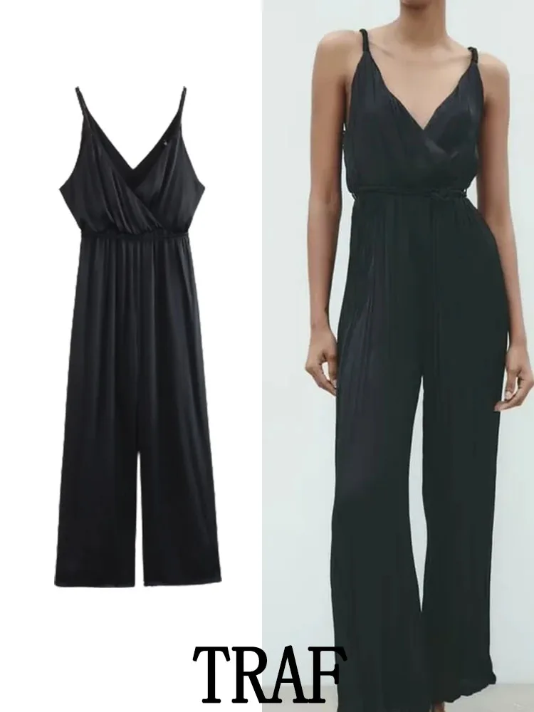 

TRAF 2023 Woman Pleated Satin Texture Sling Long Jumpsuits Fashion Vintage Sleeveless Summer Causal Elegant Slim Playsuit Tops