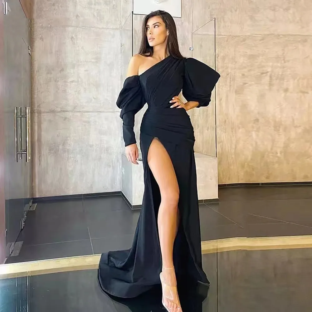 

One Shoulder Puff Long Sleeves Prom Dresses Mermaid High Slit Satin Sexy Evening Party Gowns Vestidos De Fiesta