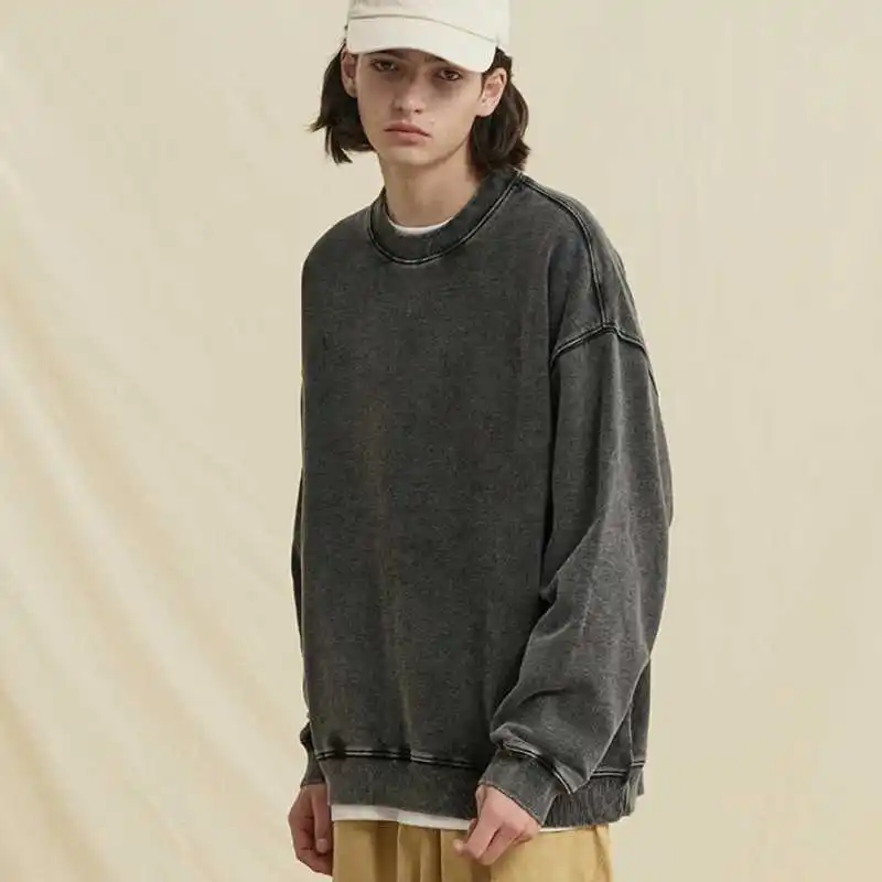 

Autumn and Winter New Products Fried Color Wash Water Do Old Round Neck Solid Color Basic Loose Cotton Sweater Men