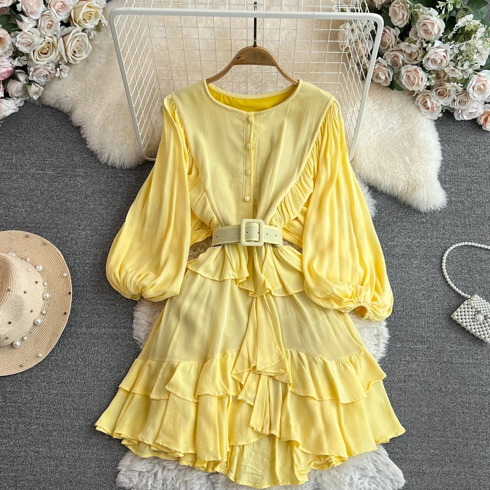

Spring And Autumn Solid Color Batwing Long Sleeved Round Neck High Waist A-Line Ruffles Patchwork Women Dress With Belt