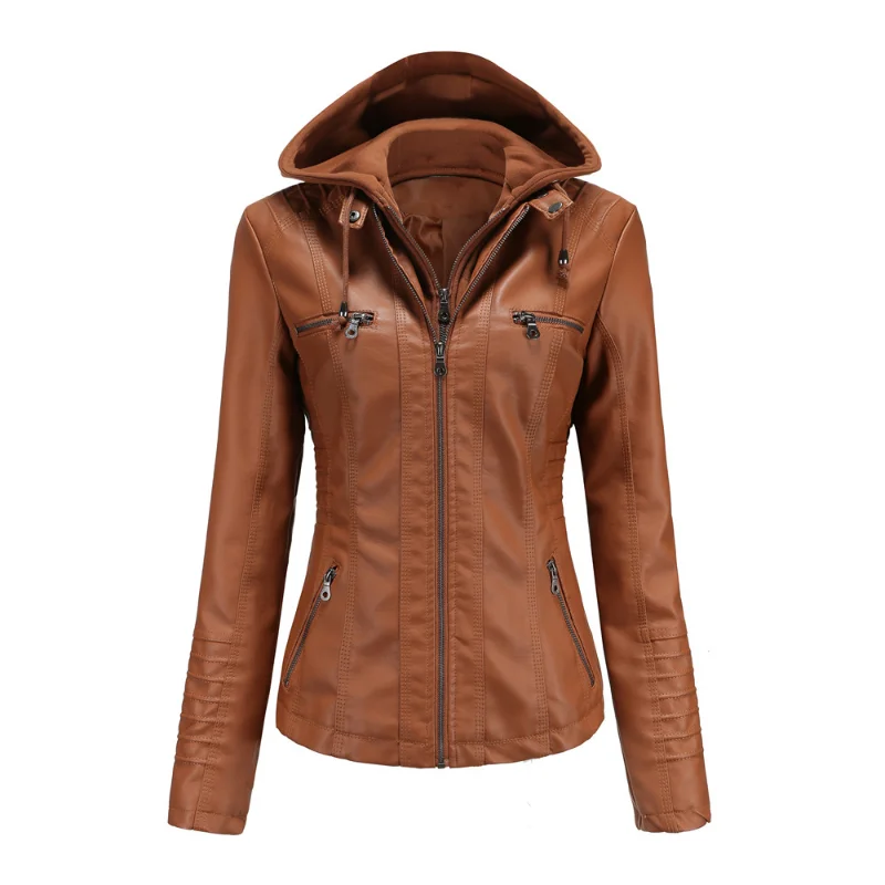 Spring and Autumn Hooded Leather Jacket Two Piece Detachable Large Size PU Leather Jacket for Women enlarge