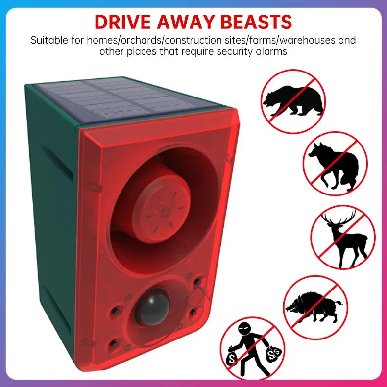 Solar Sensor Alarm Light Outdoor High Decibel Animal Repellents Anti-wild Boar Siren Recordable Waterproof Alarm Siren Products