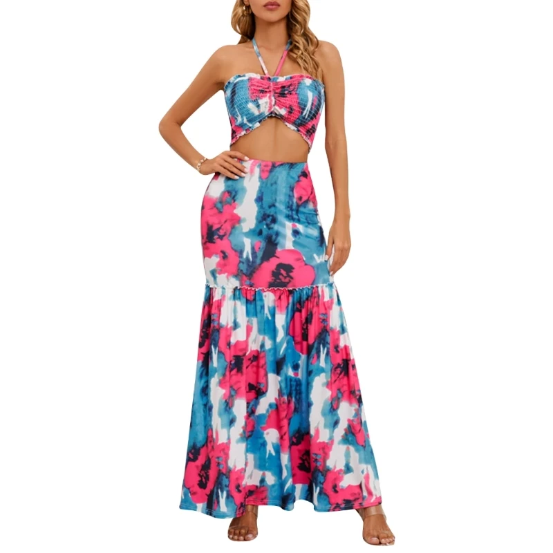 

Комплект из 2 предметов с укороченным топом и юбкой, Пляжное Платье макси с лямкой на шее для женщин, пляжный комплект с юбкой макси для отпуска, Платье макси с цветочным принтом