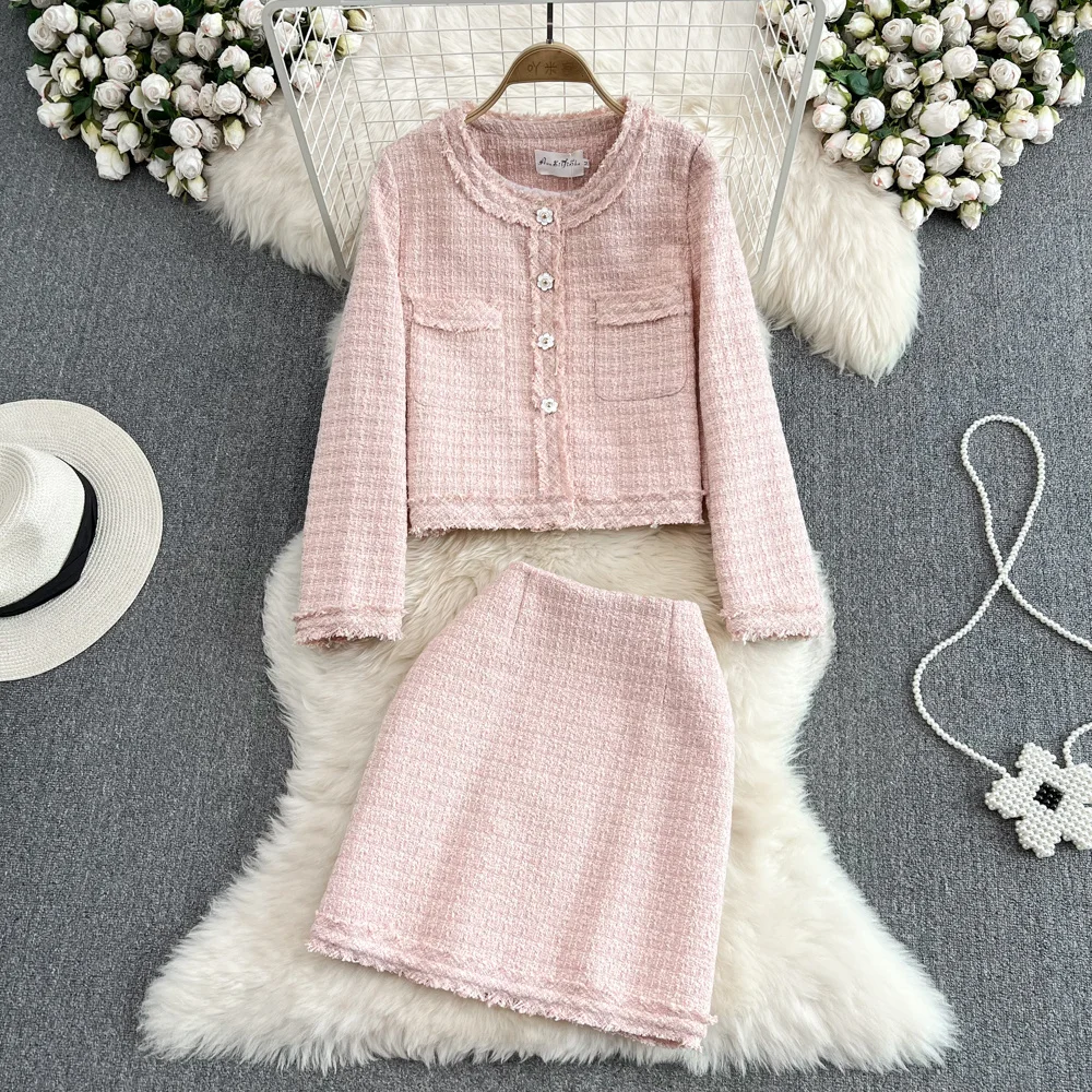 

Fashion Two Piece Dress Suits For Women Tweed Jackets Coats + Short Skirts Sets 2pcs Outfits