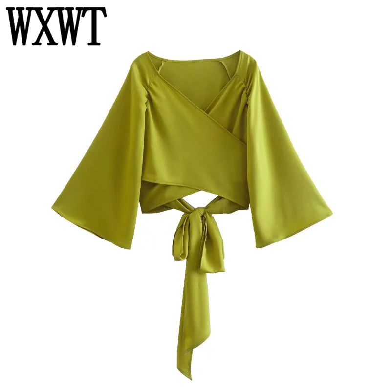 

Женская однотонная атласная укороченная блузка WXWT с бантом и V-образным вырезом, свободная рубашка с длинным рукавом, женские модные Универ...