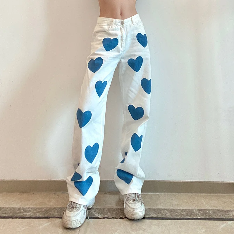 Harajuku Heart Print White Casual Jeans Women Hip Hop High Waist Denim Pants Capris Skinny Straight Trousers 2023 Streetwear New