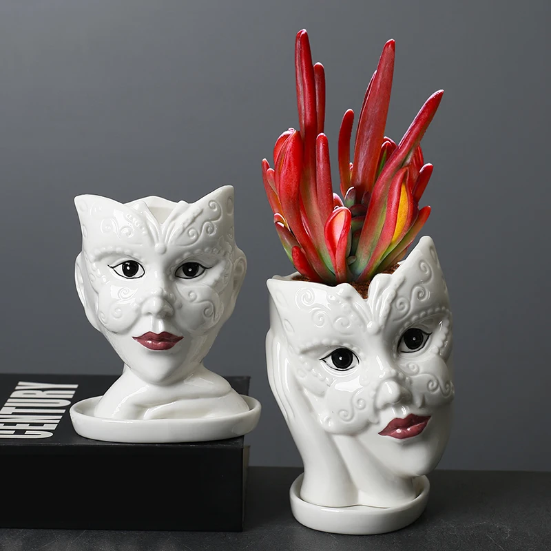 

Succulent Plants Flower Pot Decoration Ceramic Vase Wear A Mask Girl Mini Portrait Balcony Desktop Human Head Flower Ornaments