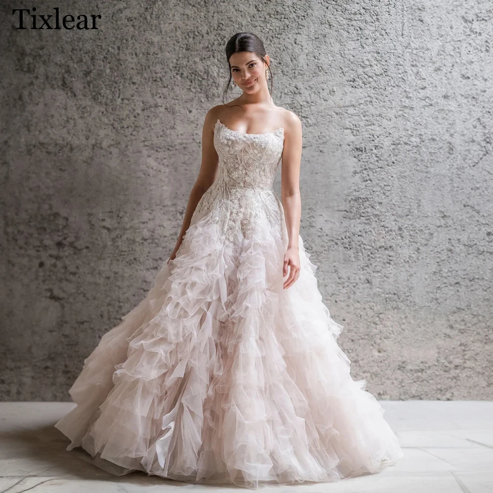 

TIXLEAR Stunning Wedding Dresses For Woman Scoop Neck Sleeveless Strapless Appliques Tulle Lace Open Back свадебное платье