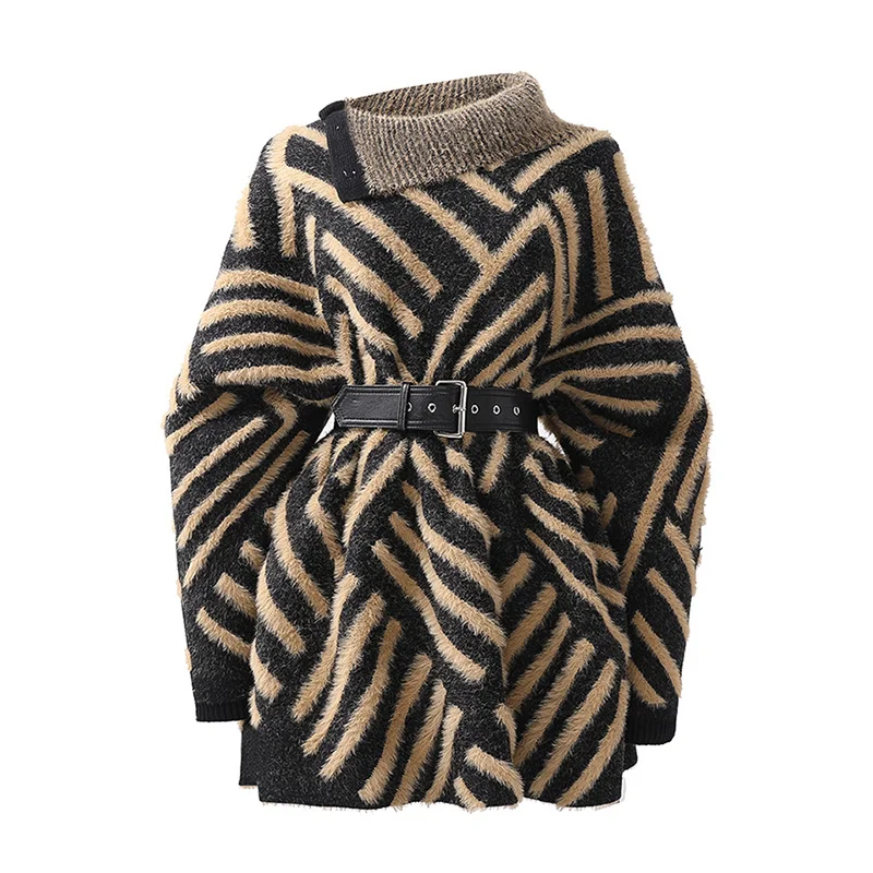 

Furry Turtleneck Long Sleeve Sweater Dress Striped Clothing Warm Sleeve Pullover Mink Sweater Long Autumn Winter 2022