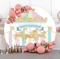 laeacco carousel round backdrop baby girl 1st birthday cake smash gold sequins pink stripe baby shower photography background