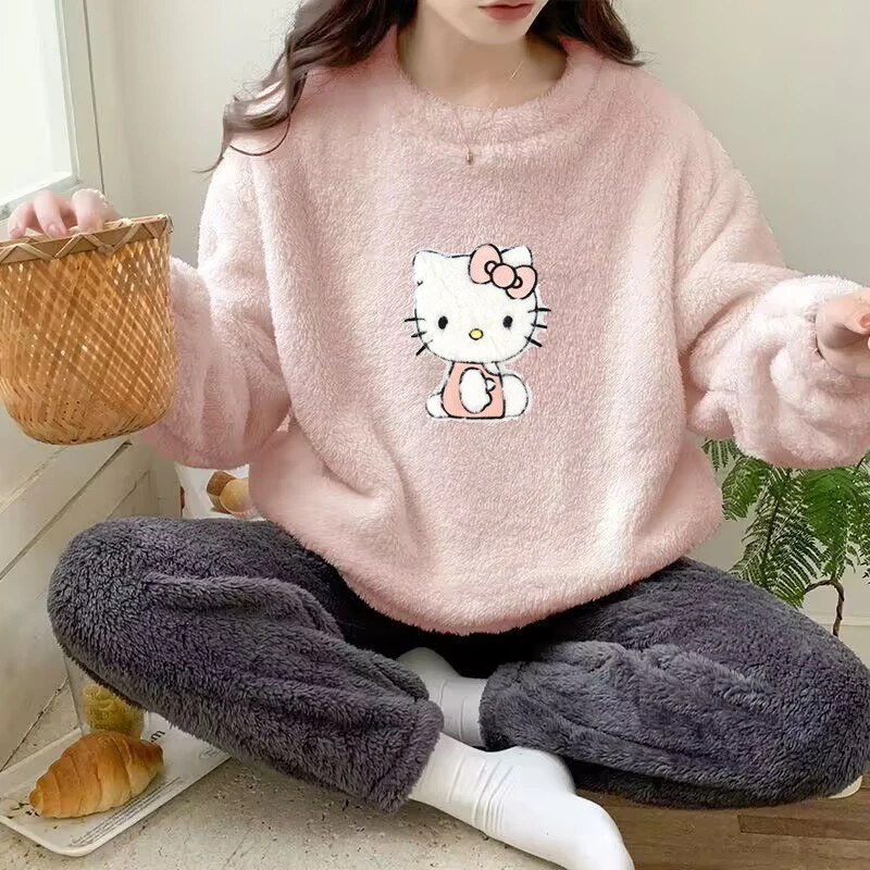 

Осенне-зимняя флисовая пижама Hello Kittys, женская утепленная Фланелевая пижама Sanrios в стиле аниме, кавайная сохраняющая тепло женский костюм