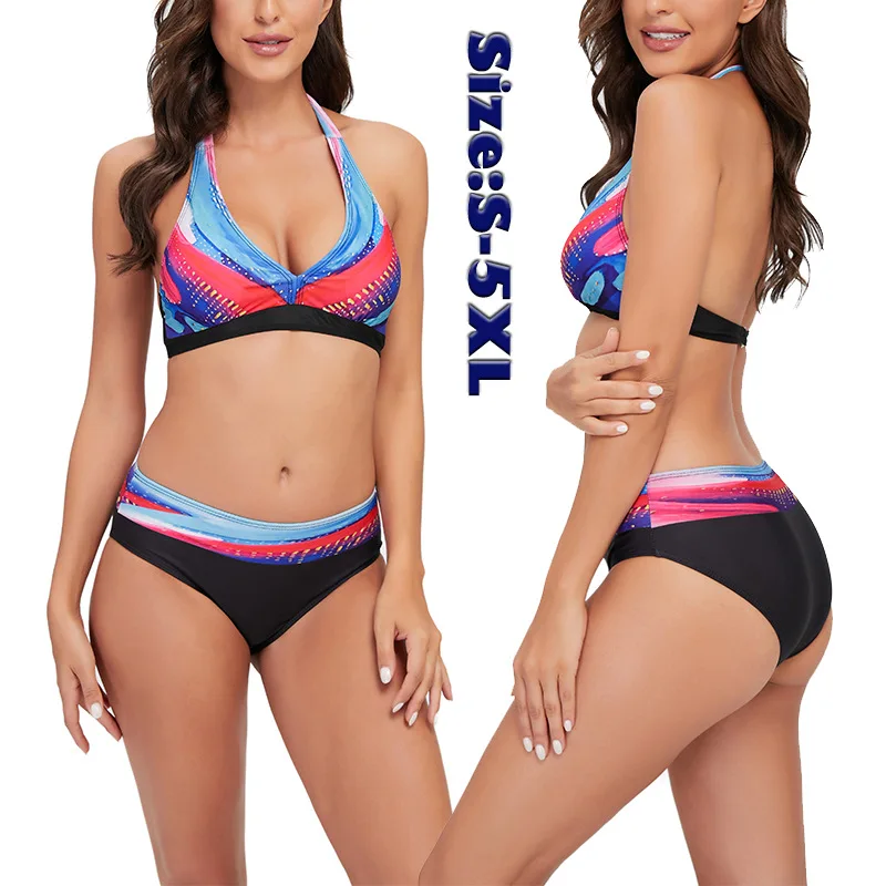 

S-5XL Women Beach New Printed Swimsuit Split Bikini Swimwear Female Two-piece Set
