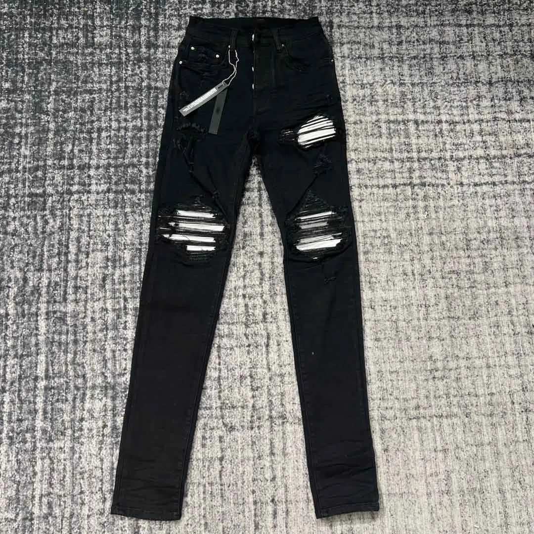 men white ribbed patch distressed skinny black jean