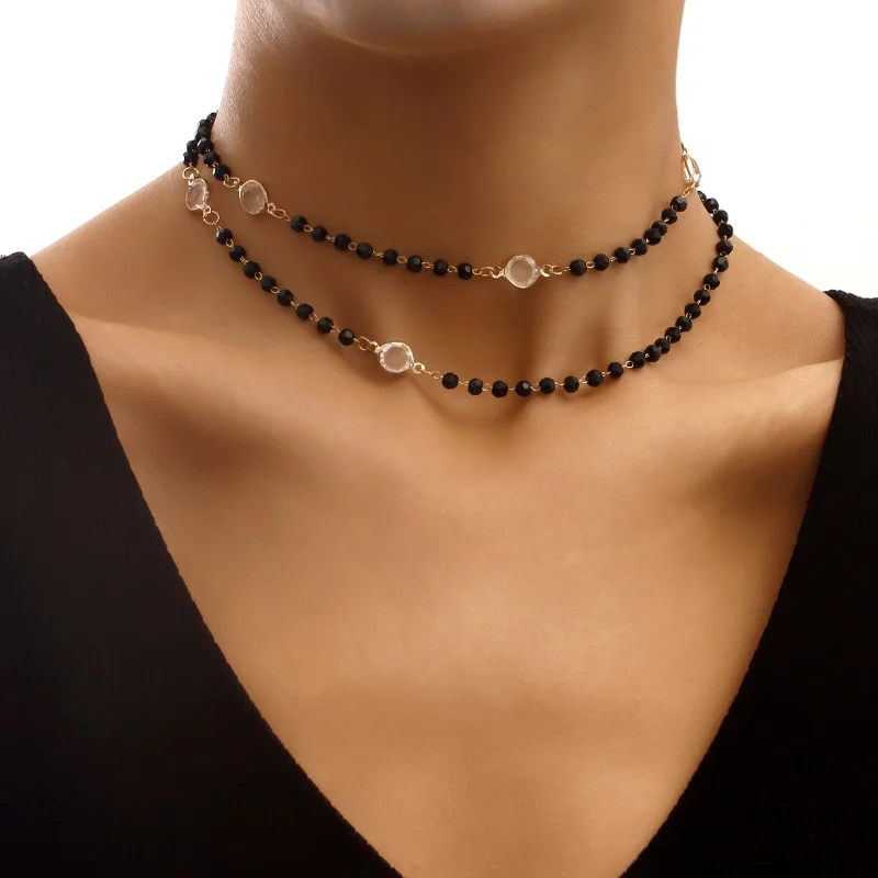 

Модный черный страз белый циркон Choker ожерелье для женщин двойной слой темперамент партия ужин ожерелье женские аксессуары