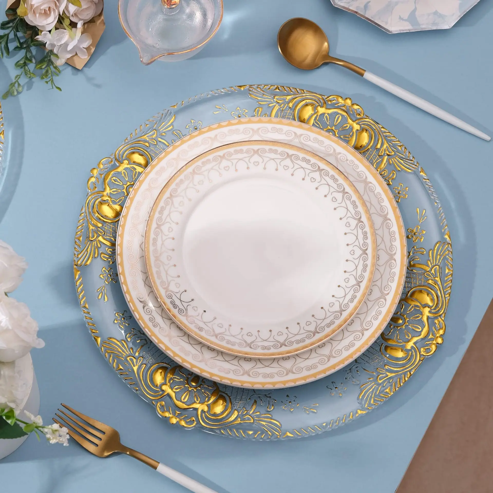 

60pcs Wedding Decor Table Place Settin 13Inches Charger Plastic Decorative Service Plate Gold Silver Dinner Serving