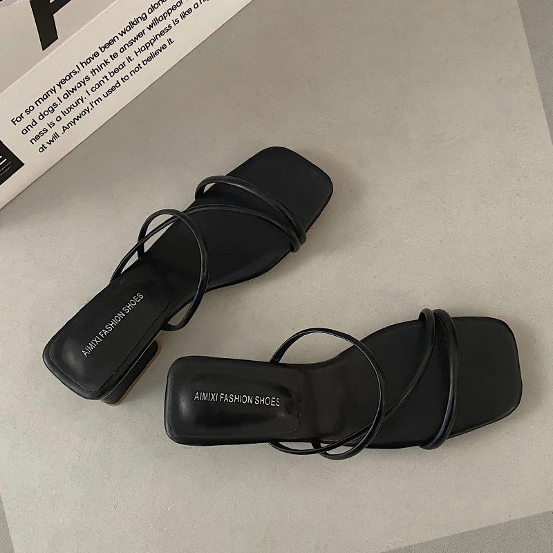 2023 Elegant Slip-On Heels Slippers Summer Vintage Square Heels Thin Strap Sandals For Women Fashion Black White Shoes Lady Hot