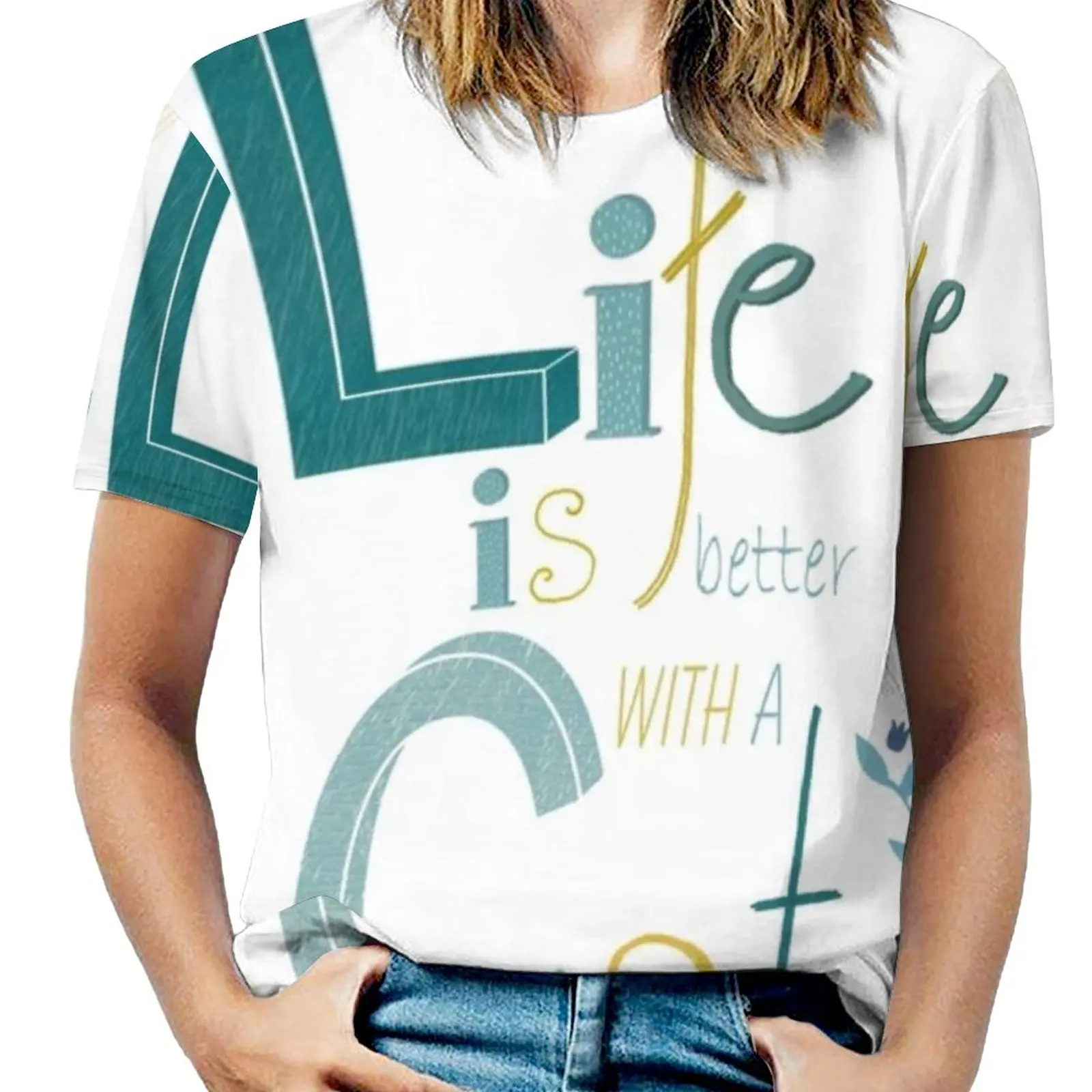 

Женская футболка с надписью «Life Is Better With A Cat», повседневные топы с круглым вырезом и короткими рукавами, летние футболки с надписью «Кот», «ж...