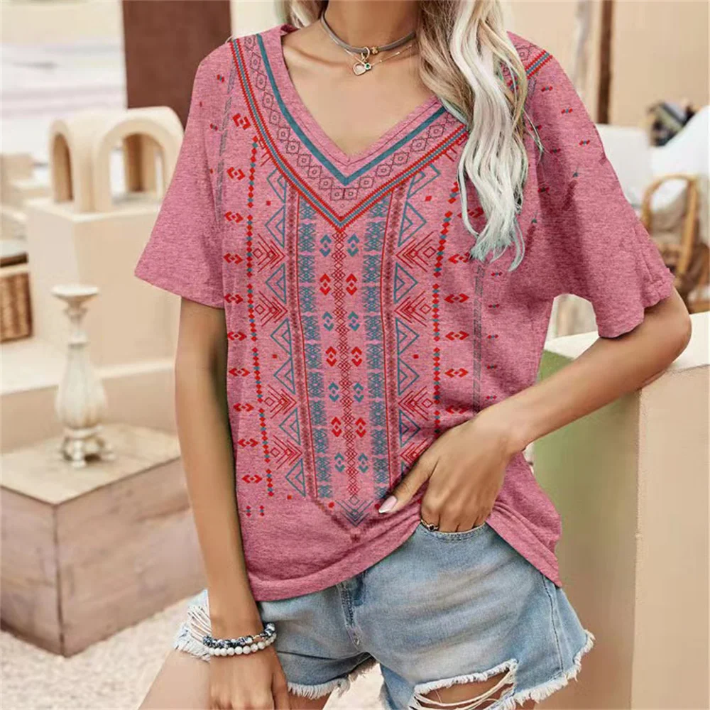 Купи 2022 Summer New Fashion Retro Printed T-Shirt Women's Loose Western Ethnic Style Tops V-Neck Short-Sleeve Casual Street Tshirt за 452 рублей в магазине AliExpress