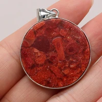 natural stone red coral pendant round silver edging coral for jewelry making diy charms accessories fit necklace earrings gift